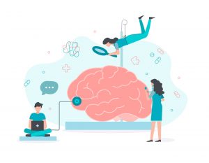 A team of doctors is diagnosing the brain. Mental health concept. Flat vector illustration.